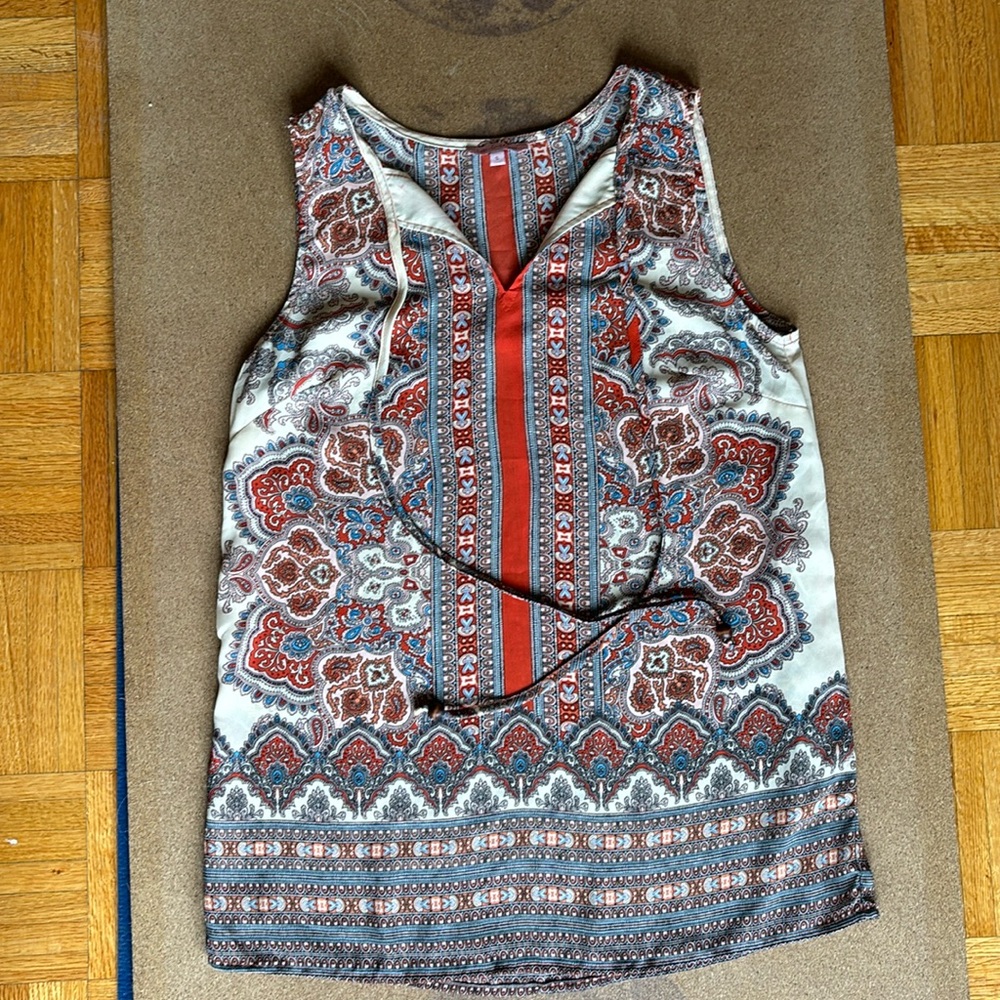 Funky boho tunic. Hues of cream, peach, orange, turquoise and pink.   Small sz.